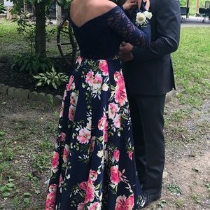 Navy lace and floral floor length prom dress